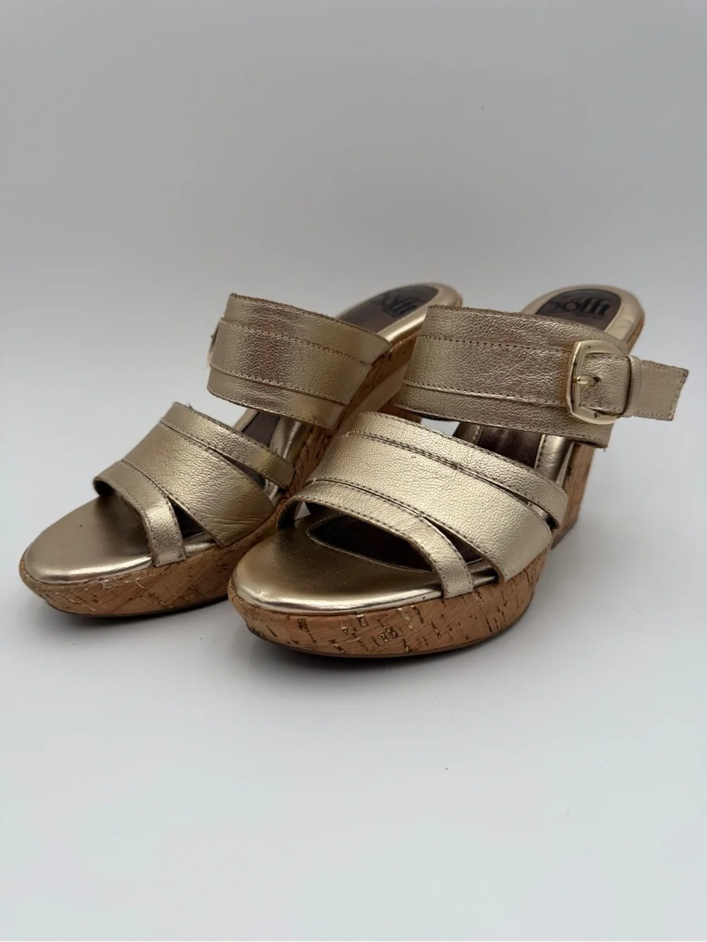 Sofft Metallic Gold Cork Wedge Sandals